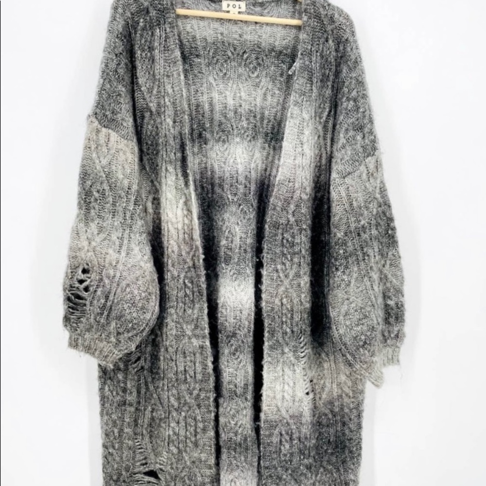 POL Gray Striped Long Sleeve Cable Knit Ombre Long distressed Cardigan Sweater S
